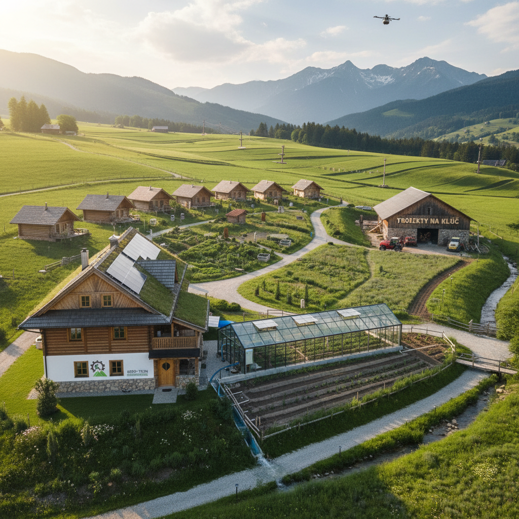 Home Letecký záber na ekologickú farmu v horskej oblasti s drevenicami, skleníkom a zelenými lúkami v pozadí s majestátnymi horami.