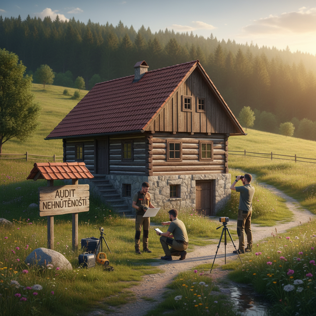 Home Traja muži v prírode robia audit drevenej chalupy stojacej na lúke pri lese.