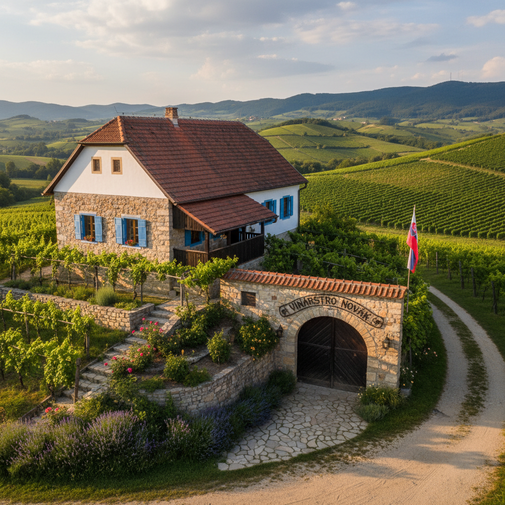 Home Letecký záber na kamenný dom s červenou strechou obklopený vinicami a kopcami v pozadí.